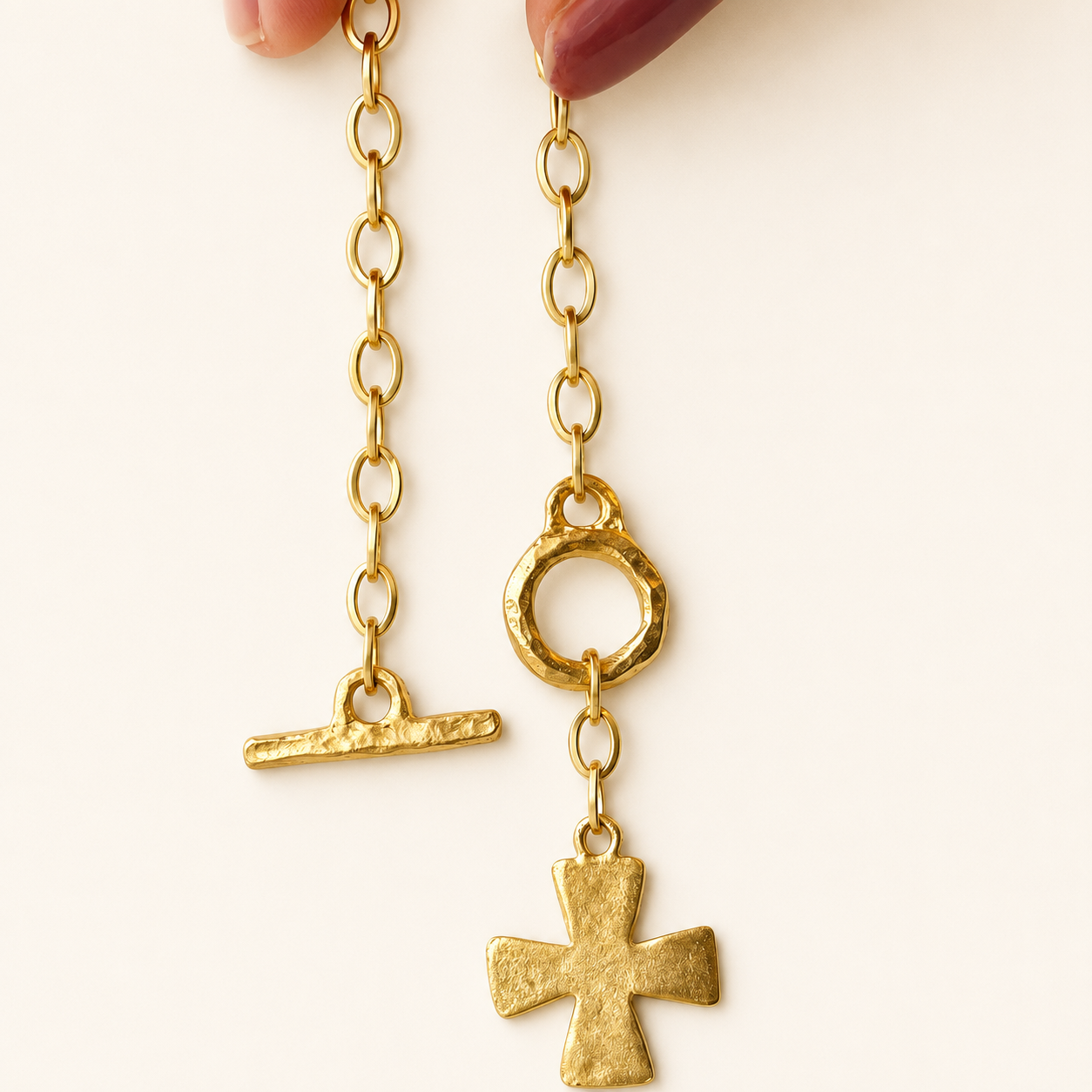 Hammered Cross Front Toggle Satin Gold Necklace